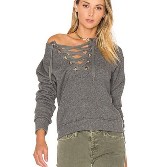 Mother The Tie Up Easy Sweatshirt‎ Corset Lace Up V-neck Terry Sweatshirt sz XS
